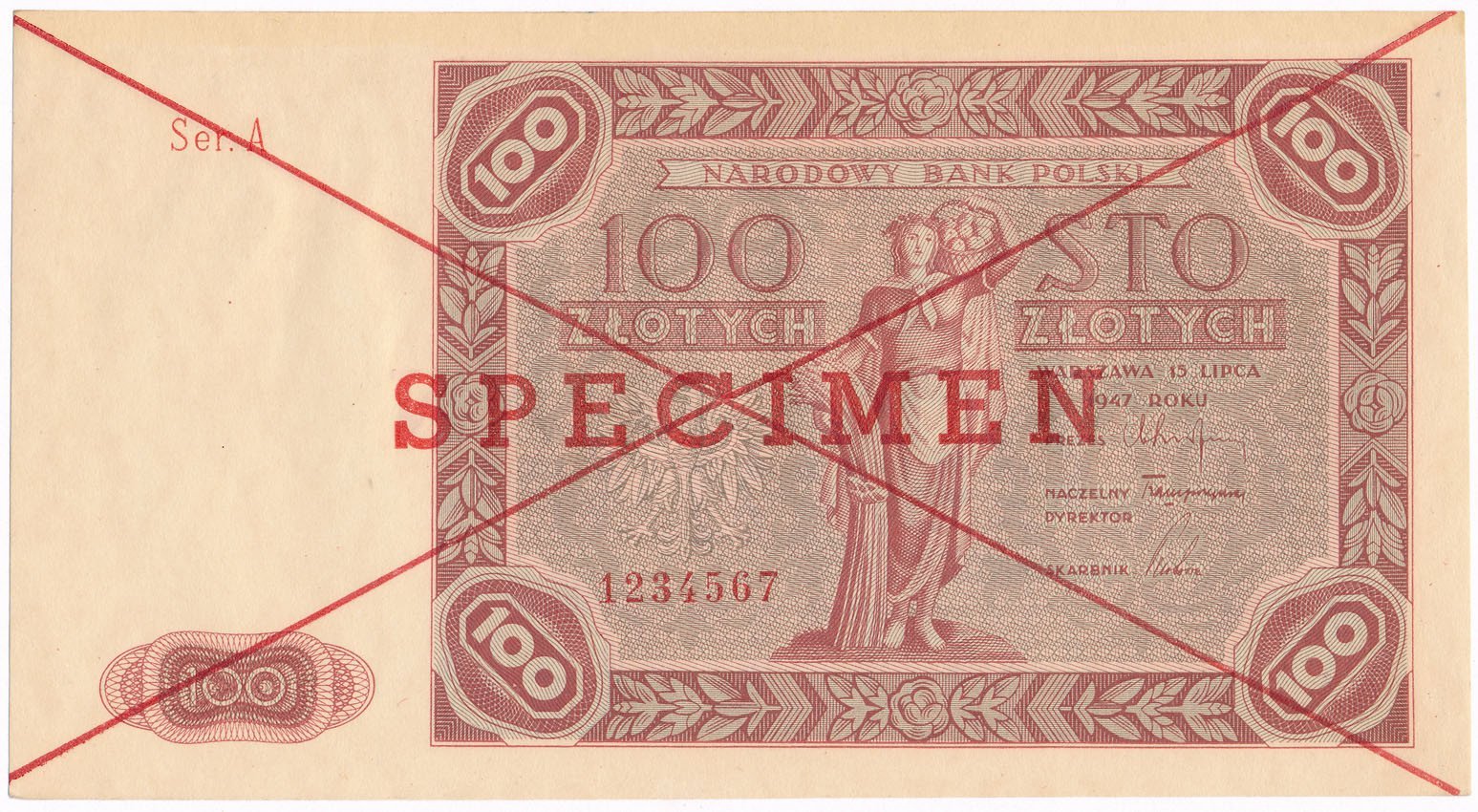 WZÓR / SPECIMEN 100 złotych 1947 seria A, RZADKOŚĆ
